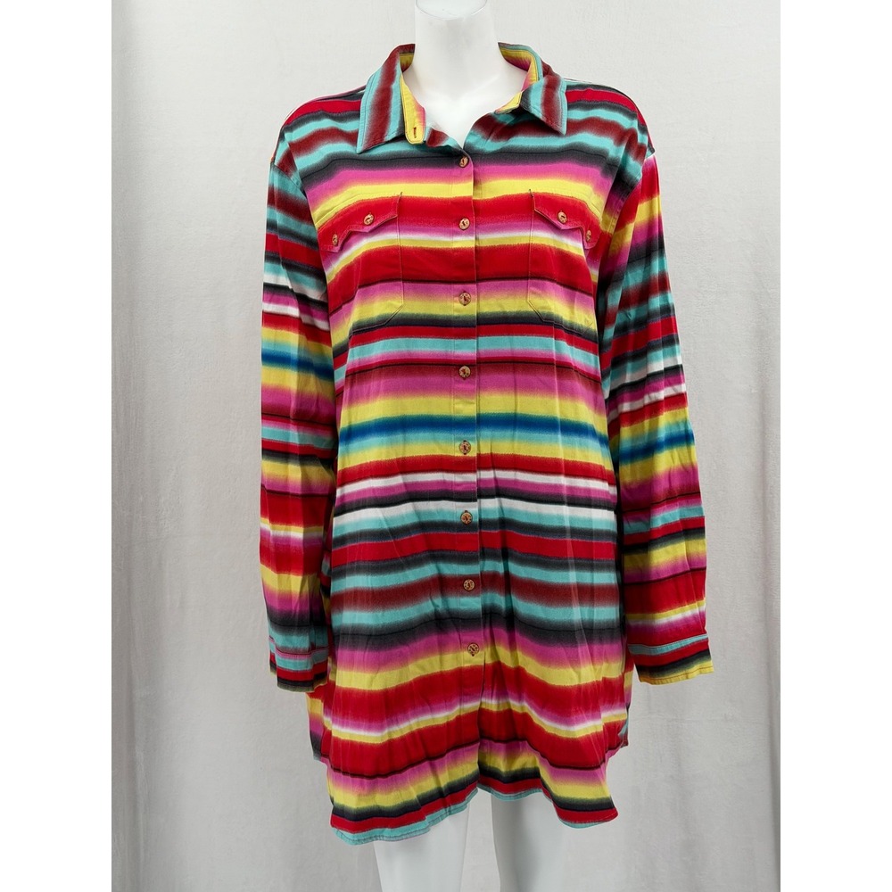L&B Top Women 2X 3X Multicolor Rainbow Stripe Button Up Western Maximalist Artsy